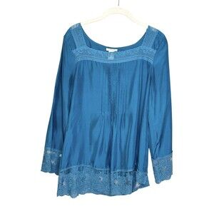 Sundance Blouse Womens Medium Blue Silk Lace Square Neck Tunic Long Sleeve Top